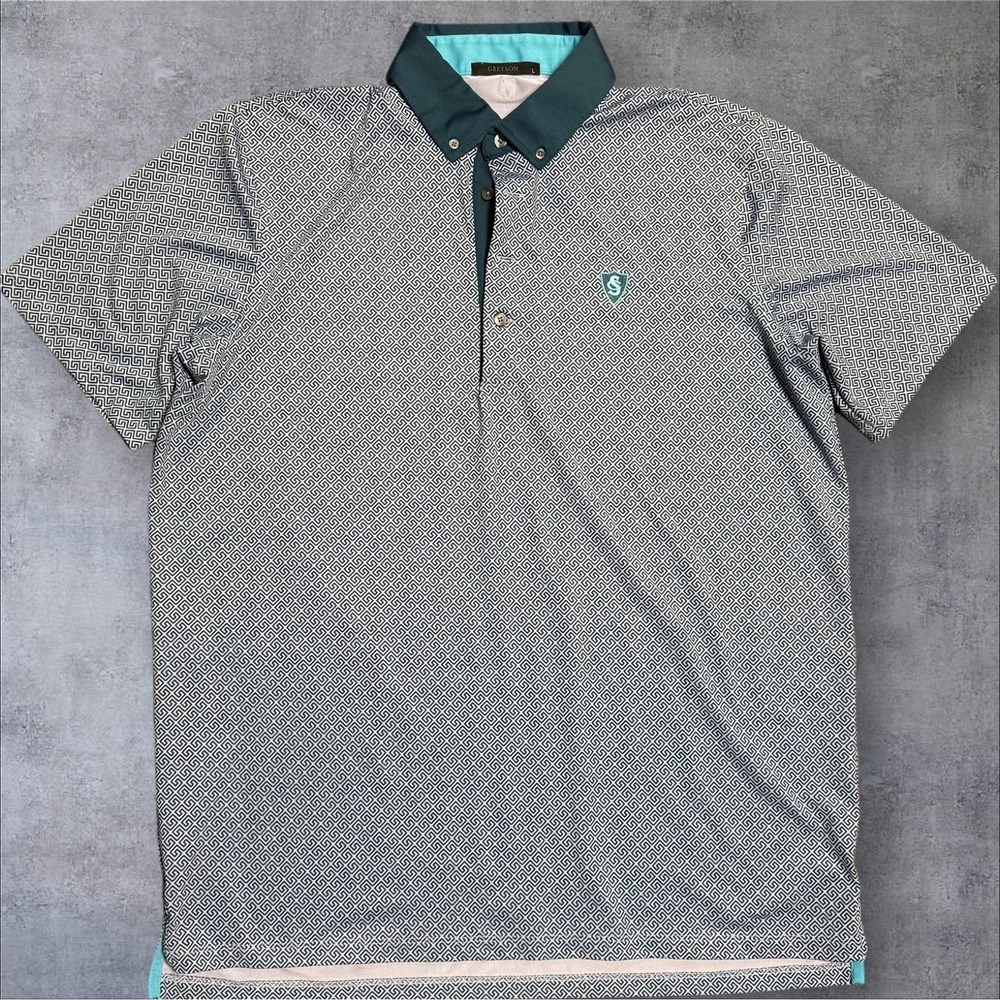 Greyson Polo Men's L Blue Geometric AOP Lehigh Country Club Golf Performance